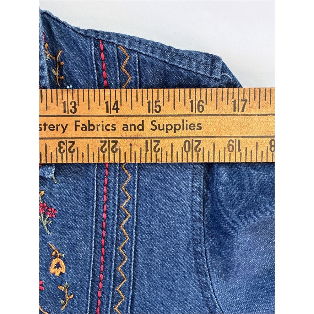 Vtg 90s Y2K Bobbie Brooks Denim Shirt Sz L Blue Floral Embroidery Red Plaid Trim - Picture 11 of 13